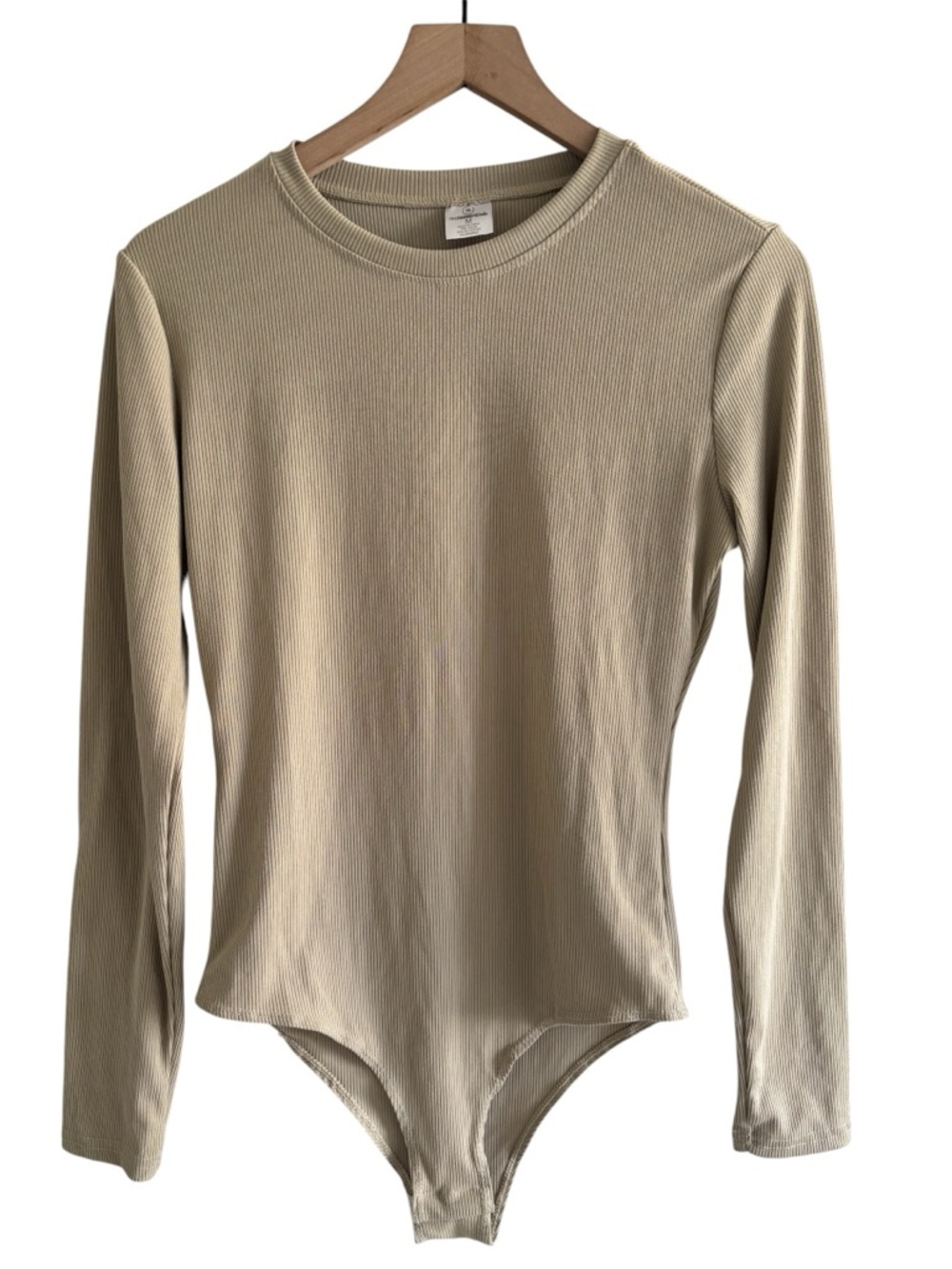 Real Essentials Beige Ribbed Bodysuit Long Sleeve Minimalist Clean Girl Top M